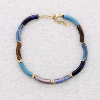 Κολιέ choker σε μπλε και καφέ αποχρώσεις και ατσάλινη αλυσίδα