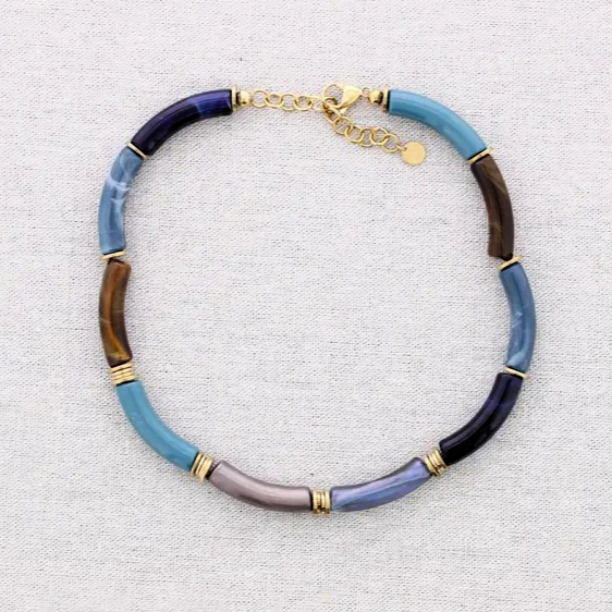 Κολιέ choker σε μπλε και καφέ αποχρώσεις και ατσάλινη αλυσίδα