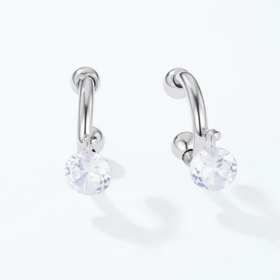 Ear Cuff ατσάλινο ασημί κρικάκι με κρεμαστό κρυσταλλάκι